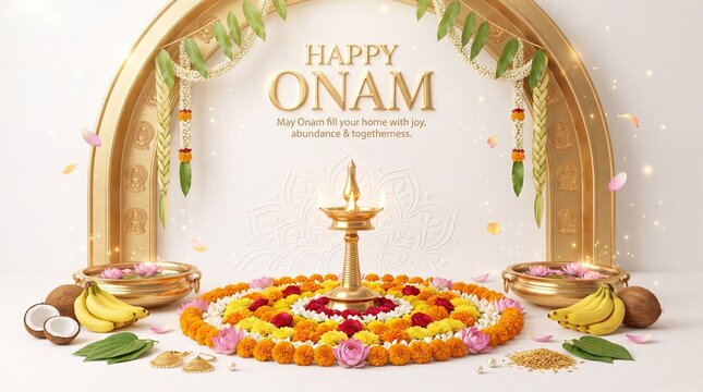 Traditional onam festival background, featuring a golden, brass oil lamp, a vibrant floral, pookalam rangoli, ripe, bananas, coconuts, and, brass bowls set, against an arched backdrop