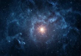 Intense glowing star emitting radiant light rays against a dark starry space background,  Elements of this image furnished by NASA. © Tryfonov