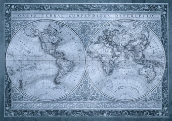Fototapeta premium Antique world map collage with vintage paper texture, artistic digital illustration inspired by old cartography of the 18 century. Old geographical map collage.