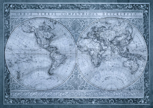 Antique world map collage with vintage paper texture, artistic digital illustration inspired by old cartography of the 18 century. Old geographical map collage.