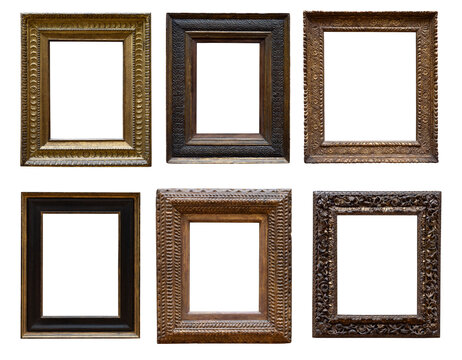 Collection of vertical old wooden frames isolated on a white background. Artistic  frames design element on the theme of art, creativity, painting, photography. Ancient rustic wood frame.