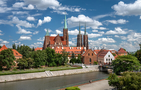 View on Wroclaw Old Town. Island and Cathedral of St John with bridge through river Odra. Wroclaw, Poland.