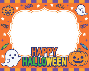 Fototapeta premium オレンジ色のハロウィンフレーム カボチャとお化けとアメの可愛い背景イラスト