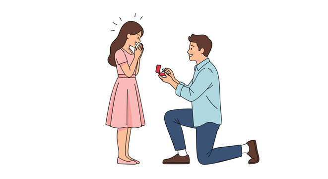Young man proposing to his happy girlfriend, kneeling on one knee and holding a ring in a red velvet box.