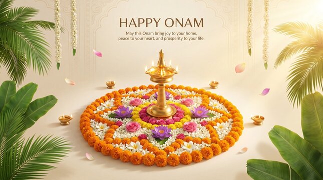 Traditional onam pookalam floral carpet with a central golden brass oil lamp, surrounded by vibrant marigold, jasmine, and lotus petals against a soft cream background, with hanging flower garlands