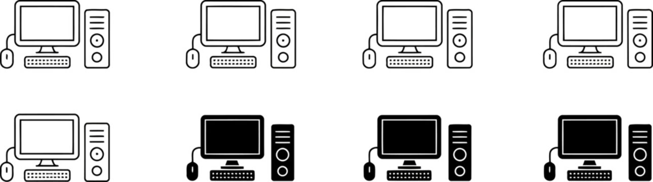 Desktop computer collection with monitor keyboard mouse and tower in outline and solid fill vector, icon set,  transprent background,