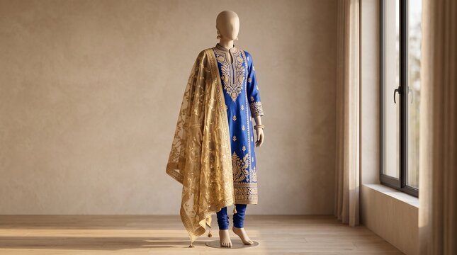 Traditional Indian salwar kameez on mannequin, elegant blue silk ethnic wear with gold embroidery, luxury South Asian bridal fashion display