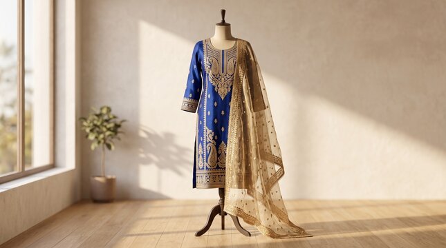 Traditional blue salwar kameez with gold embroidery on mannequin, elegant Indian ethnic wear, luxury silk punjabi suit with dupatta for festive fashion