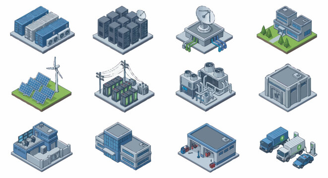 Isometric city buildings and industrial structures set.