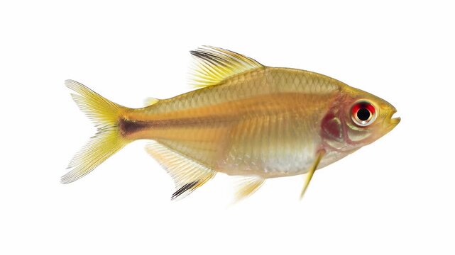 a single lemon tetra fish swimming gracefully in crystal-clear water, fully isolated on a seamless pure white background