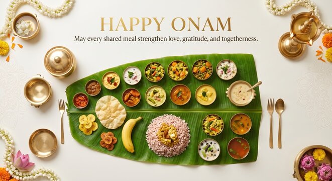 Traditional onam sadya feast served on a large green banana leaf with brass bowls, metal cutlery, and floral decorations on a white background