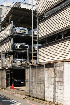 Cars Parked by Car Stacker in Japan