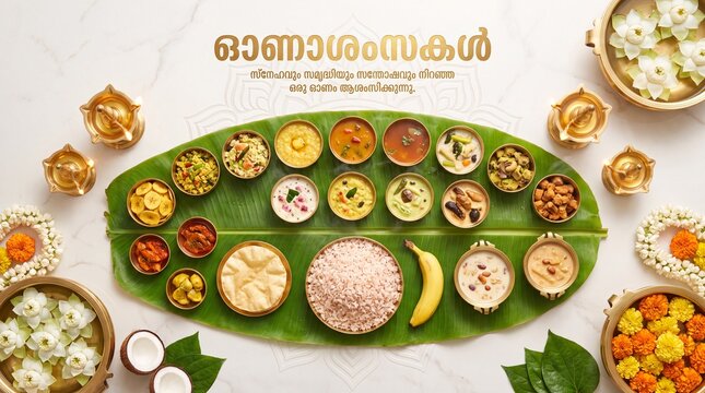 Traditional onam sadya feast served on a large green banana leaf with various curries, rice, papadum, and banana, surrounded by brass oil lamps and marigold flower garlands on a white background