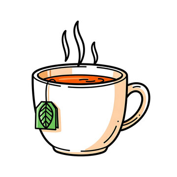 Vector illustration of a steaming hot cup of tea with a herbal tea bag tag and aromatic vapor lines