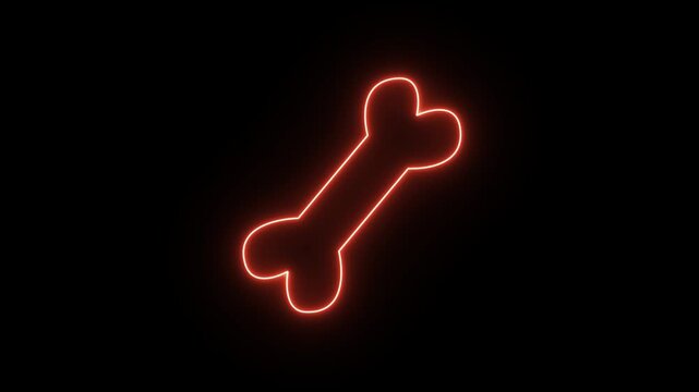 Glowing neon orange dog bone sign on black background.