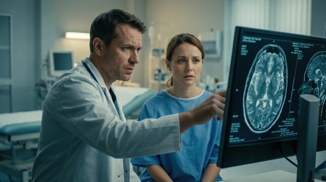 Doctor discusses brain scan results with patient in a hospital setting while she looks concerned and focused on the screen