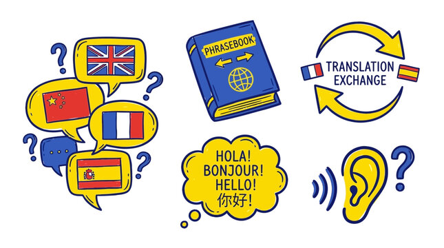 Vector illustration pack of translation exchange symbols with speech bubbles and a globe