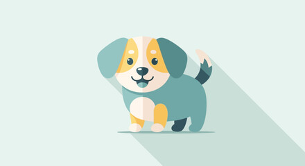 Small cute puppy dog with floppy ears and colorful patches standing on light blue background flat vector design for kids. © Lx