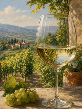 Glass of white wine with grapes overlooking lush vineyard in italy, vineyard