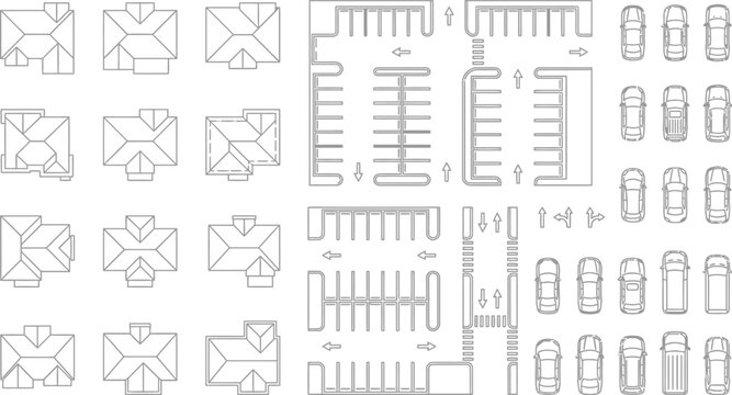 Architectural site plan elements featuring modern residential house layouts, organized parking lot designs, landscaping zones, and urban infrastructure vector illustrations.