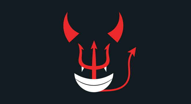 Minimalist devil icon with red horns, a pitchfork nose, a white smile, and a pointy tail on a dark background.