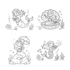 Fototapeta premium Enchanting mermaid coloring book pages for kids featuring starfish hug, shell seat, umbrella fun, and seashell blowing scenes