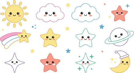 Cute Kawaii Sky and Space Vector Icon Set Featuring Sun Clouds Shooting Star Planet and Crescent Moon Elements for Kids Nursery Designs © Shareful