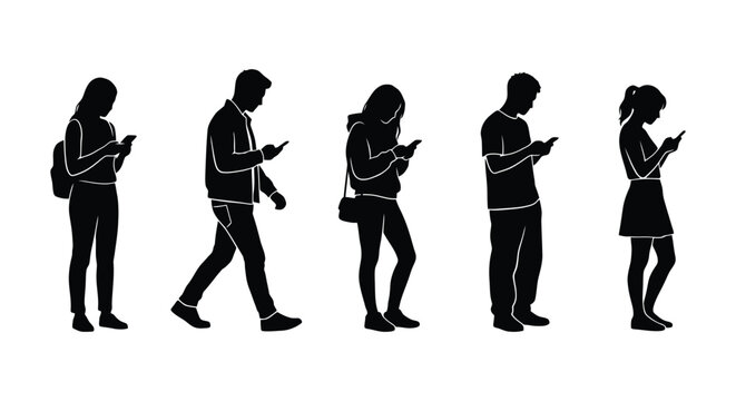 Group of diverse people using smartphones while walking and standing.