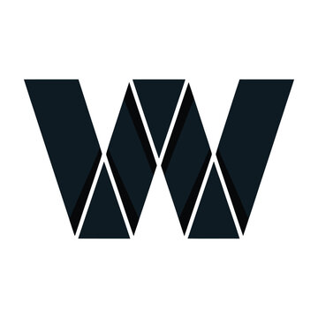 Geometric letter W made of dark triangles with white lines on transparent background  abstract symbol