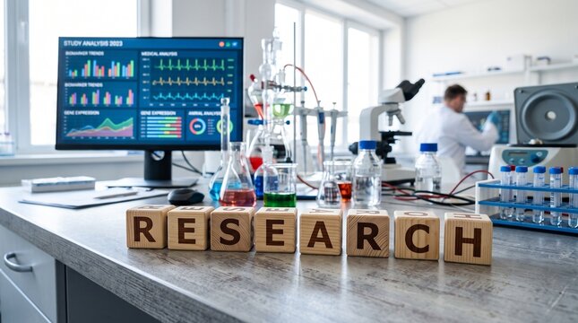 Scientific research concept with wooden blocks, laboratory equipment and data analysis on monitor, modern medical lab workspace for biotechnology