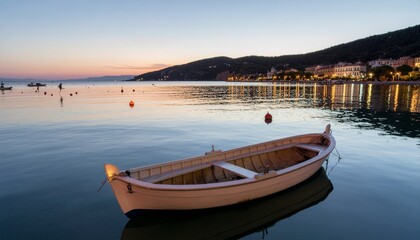 Obraz premium Wooden rowboat floating on calm sea at sunset beside an illuminated