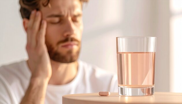 Man with headache holding his temple beside a glass of water and pain