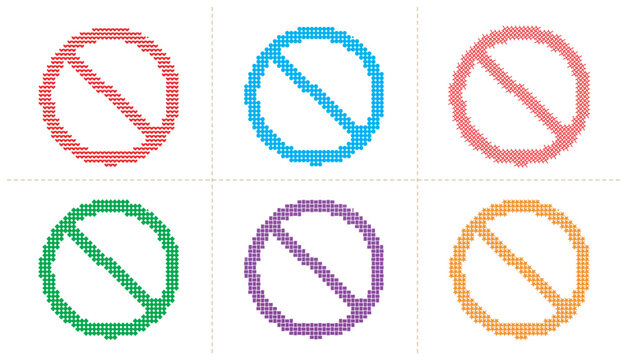 Forbidden sign collection with decorative heart circle star and square pixelated patterns.