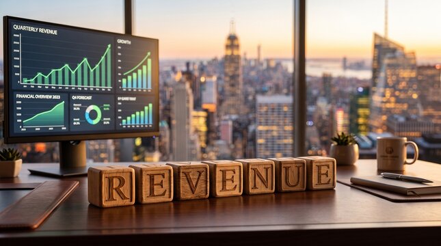 Revenue growth concept with wooden blocks on office desk, financial data dashboard on computer screen, corporate city skyline at sunset