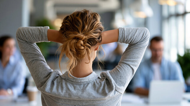 Faceless woman stretching back in modern office with coworkers in background during active work break, ergonomic wellness concept, workplace photography, blurred office background