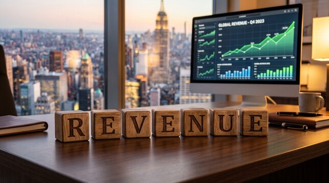 Revenue growth concept with wooden blocks on office desk, financial data charts on computer screen, city skyline at sunset background