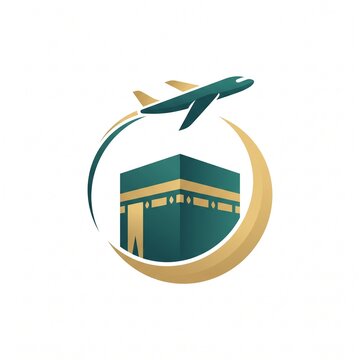 Kaaba icon with airplane. Hajj pilgrimage travel logo design.