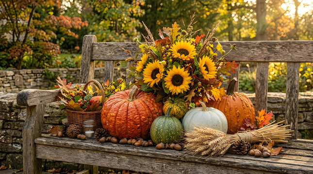 Autumn harvest decoration with pumpkins and sunflowers on a rustic wooden bench in a garden
