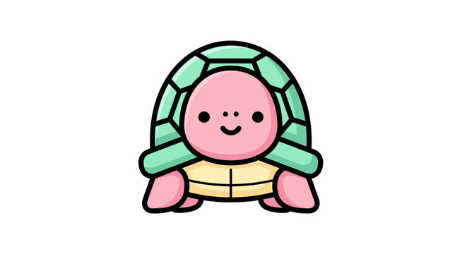 Cute pink turtle illustration with green shell flat vector design showing front view on white background for kids d&eacute;cor.