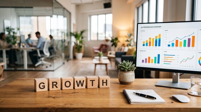 Business growth concept with wooden blocks, financial data dashboard on computer screen, modern office interior with professional team