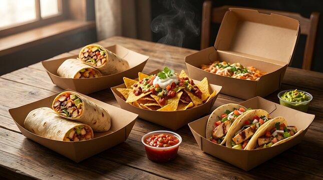 Fresh mexican food with burritos nachos and tacos served in cardboard containers on a wooden table. mexican takeout