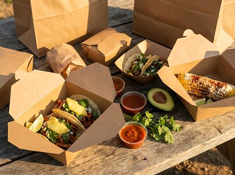 Fresh delicious tacos in cardboard take away boxes on a rustic wooden table with salsa and avocado. mexican takeout