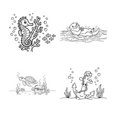 Underwater serenity collection coloring set featuring seahorse on coral reef cute otter floating on waves smiling turtle near treasure chest and happy anchor wrapped in rope underwater vector art. © Fatema