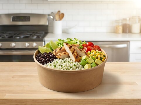 Fresh burrito bowl with grilled chicken rice beans corn and vegetables in a paper bowl on a table. mexican takeout