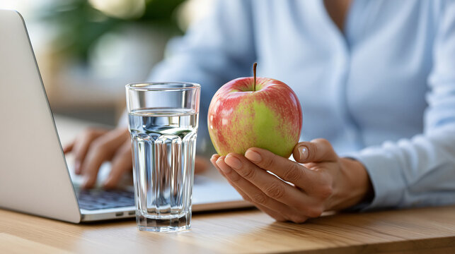 Faceless person holding glass of water and fresh apple while working on laptop representing healthy lifestyle wellness workplace habits nutrition hydration and daily routine,