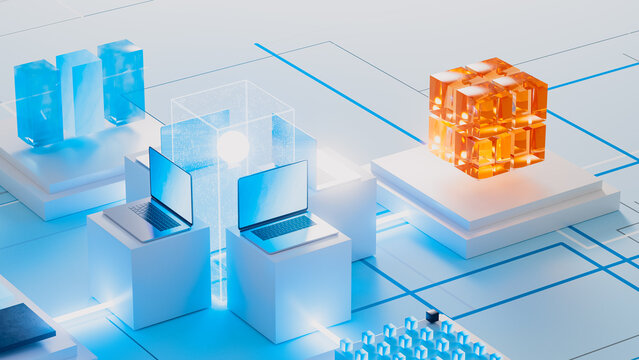 Futuristic technology network with data and laptop elements present