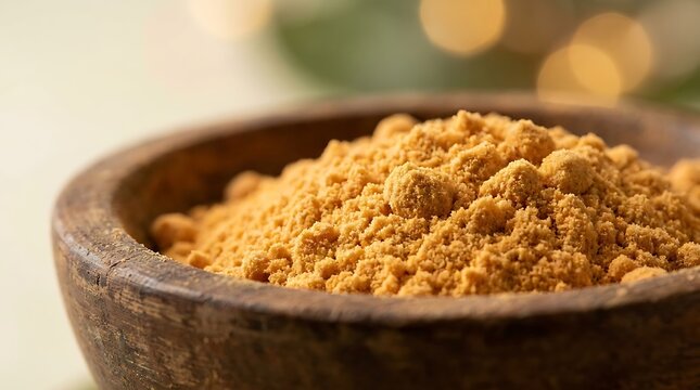 A wooden bowl filled with ground turmeric spice powder for healthy cooking and natural herbal medicine. mango powder