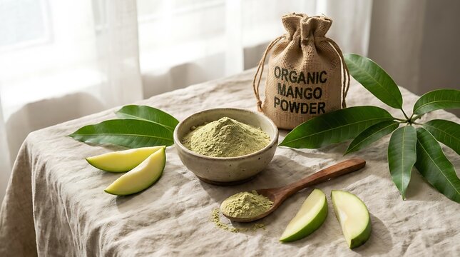 Bowl of healthy organic mango powder with fresh fruit slices and green leaves on a rustic table setting. mango powder