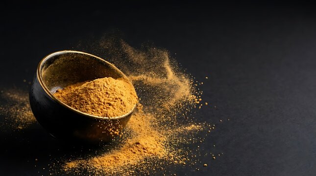 A small black metal bowl spilling yellow turmeric powder on a dark textured surface for food cooking. mango powder