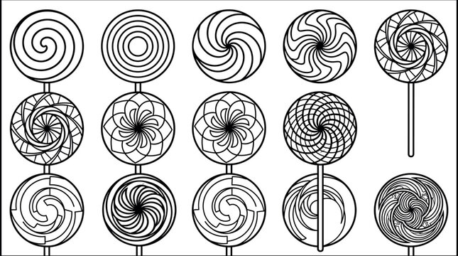 Mandala and Spiral Pattern Lollipop Outline Vector Icon Set Featuring Intricate Geometric Hard Candies for Adult Coloring Books and Sweet Shop Graphic Designs
